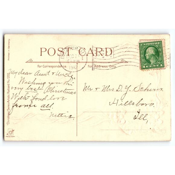 Vintage 1912 Christmas Postcard with Holly Wreath & Festive Ribbon - Picture 2 of 2